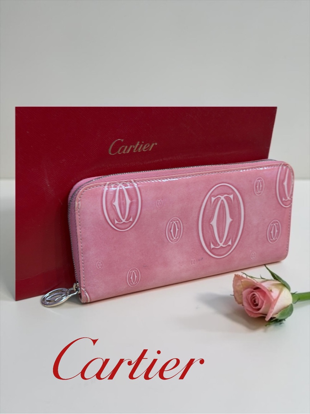 ✨ Authentic Cartier "Happy Birthday" Pink Patent Leather Zip Long Wallet + Bag